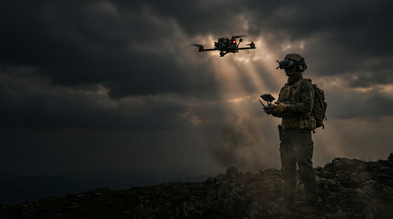 Drone Cartel MILSPEC hero — operator at dusk with FPV drone